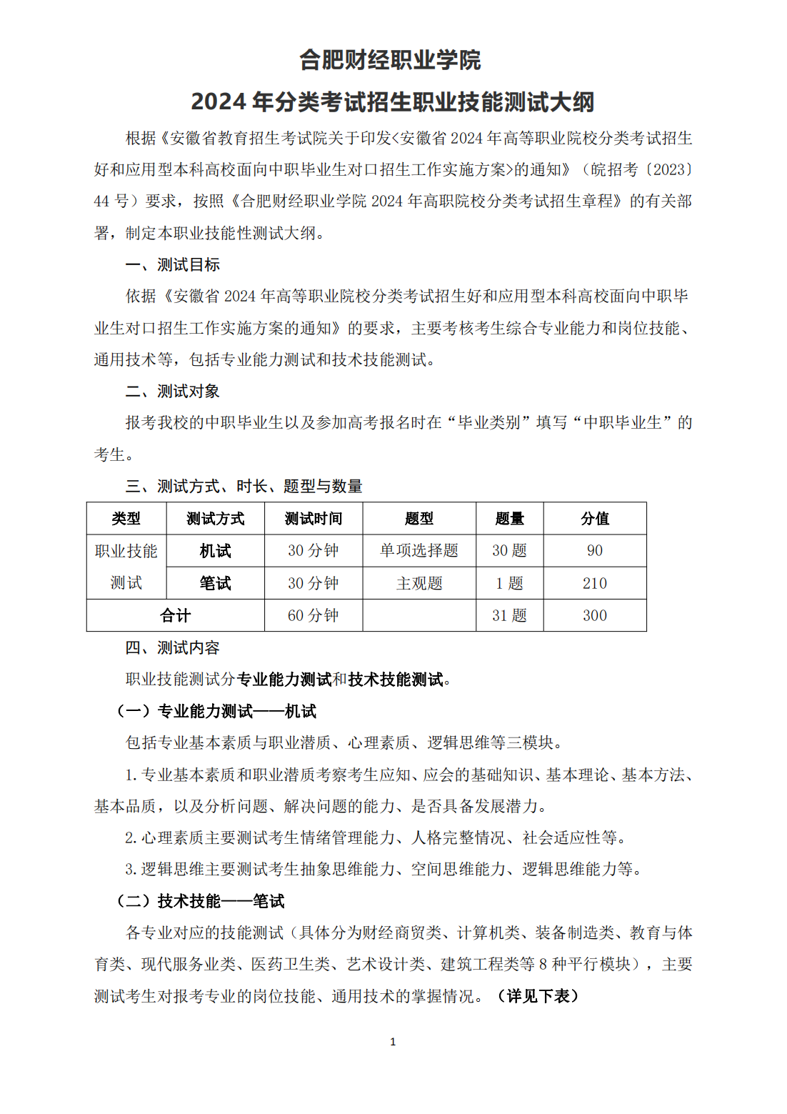 合肥财经职业学院－2024年分类考试招生职业技能测试大纲